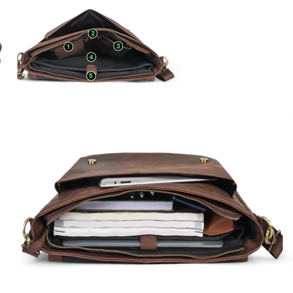 Brown Leather Messenger Bag Laptop Briefcase Bag College Office Adj Strap NWT